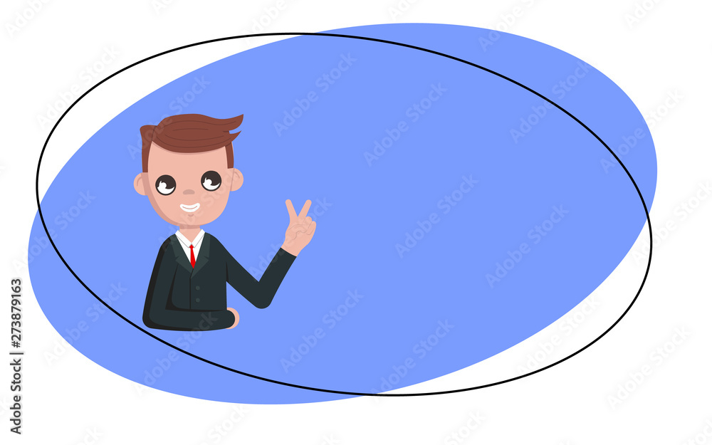Businessman showing victory sign. Two fingers up. Portrait of Cartoon Businessman Character in flat style. Copyspace.