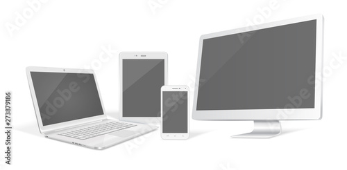 Set of realistic vector graphic computer monitor, laptop, tablet and phone on a white background. © M-STUDIO