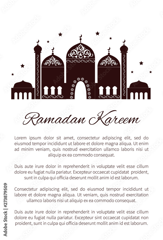 Ramadan Kareem postcard with Mosque and text sample, place of worship for Muslims with arabic ornaments on elaborate domes, minarets vector banner