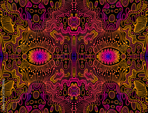 Space psychedelic trippy abstract texture, bright pink, electric blue, orange gradient color outline,black background.