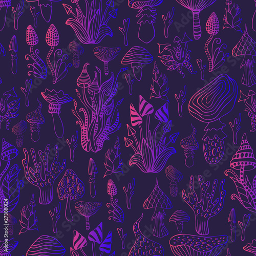 Psychedelic mushroom seamless pattern.Bright pink violete gradient outline, dark purpule background.