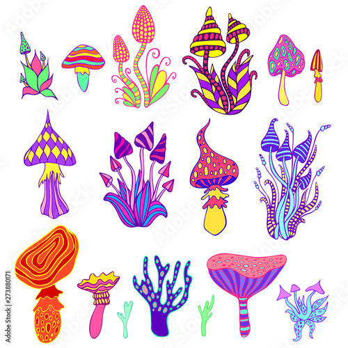 Big set psychedelic artistic abstract trippy mushrooms, white background. Colorful hallucinogenic fantasy mushrooms, each mushroom has its own pattern.