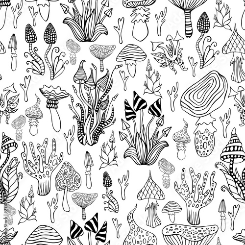 Seamless pattern with psychedelic mushroom, black and white color. Monochrome hallucinogenic fantasy mushrooms background. Each mushroom has its own pattern.