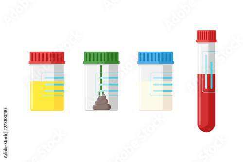 Medical analysis laboratory test urine stool feces sperm semen and blood in plastic jars with colored lids. Flat vector illustration