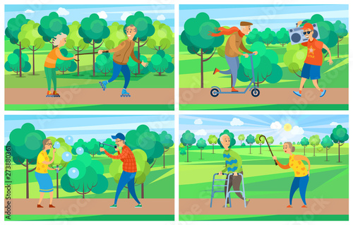 Pensioners activity, rollerblading and walking, moving on scooter, going with record player, blowing soap bubble and targeting with catapult in park vector