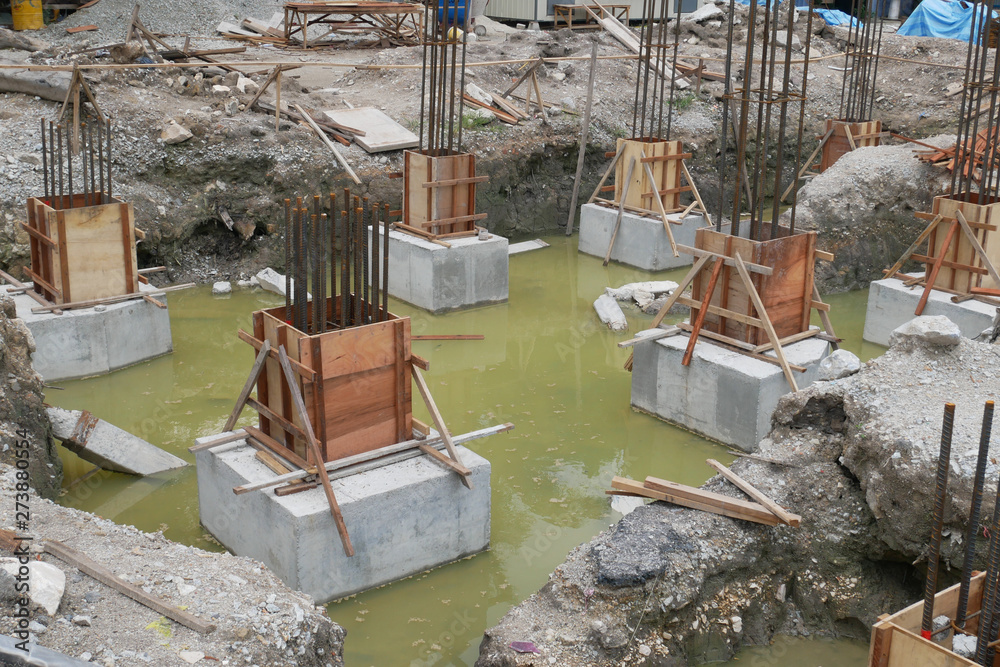 Pile cap and column stump under construction at the construction site
