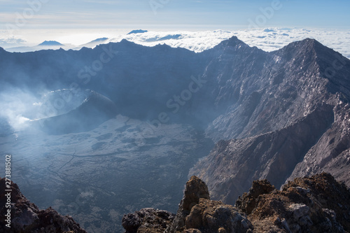 A view from 'Puncak Sejati' (3,344m) and its Caldera. Raung is the most challenging of all Java’s mountain trails, also is one of the most active volcanoes on the island of Java in Indonesia.