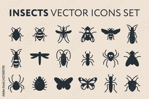 Insect Vector Flat Solid Glyph Icon Illustration Set. Bed Bug, Fly, Dragonfly, Ant, Roach, Cockroach, Mosquito, Termite, Spider, Butterfly, Bee, Wasp.