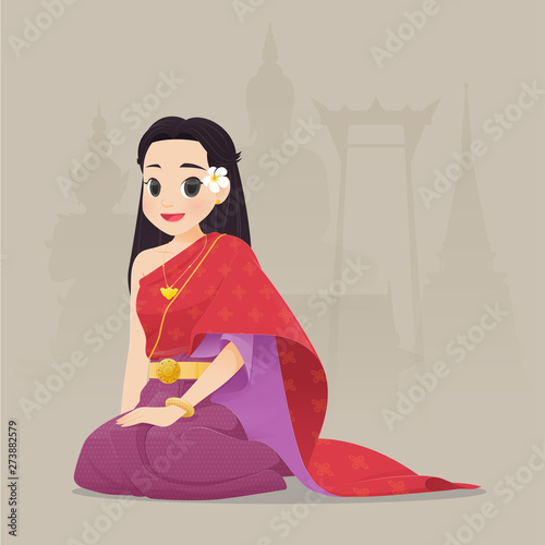 illustration thai women in thai traditional dress, Traditional southeast asian costume, Vector cartoon