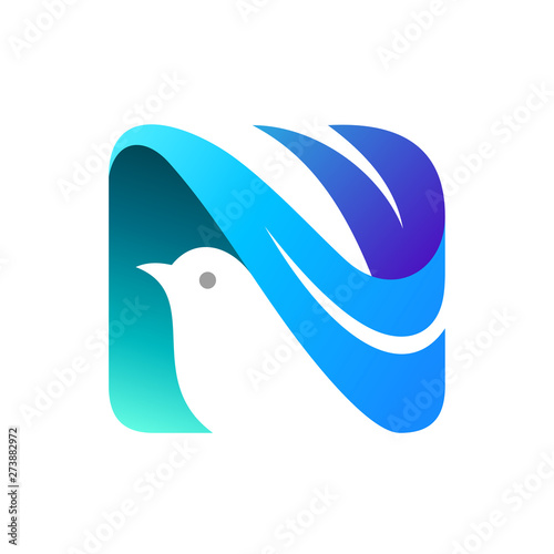 Initial letter N logo design with bird shape inside photo