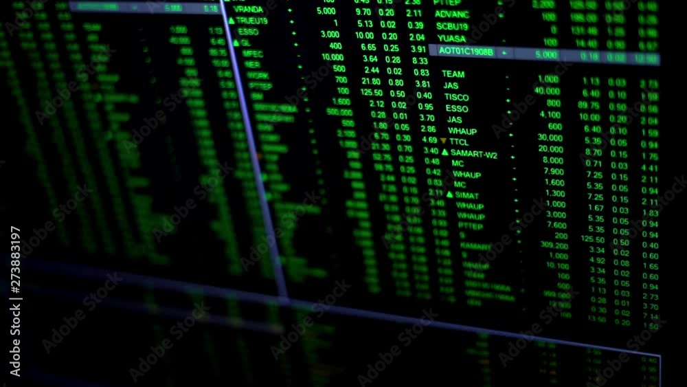 Top view financial chart with moving green numbers in bullish stock market on black screen ticker board