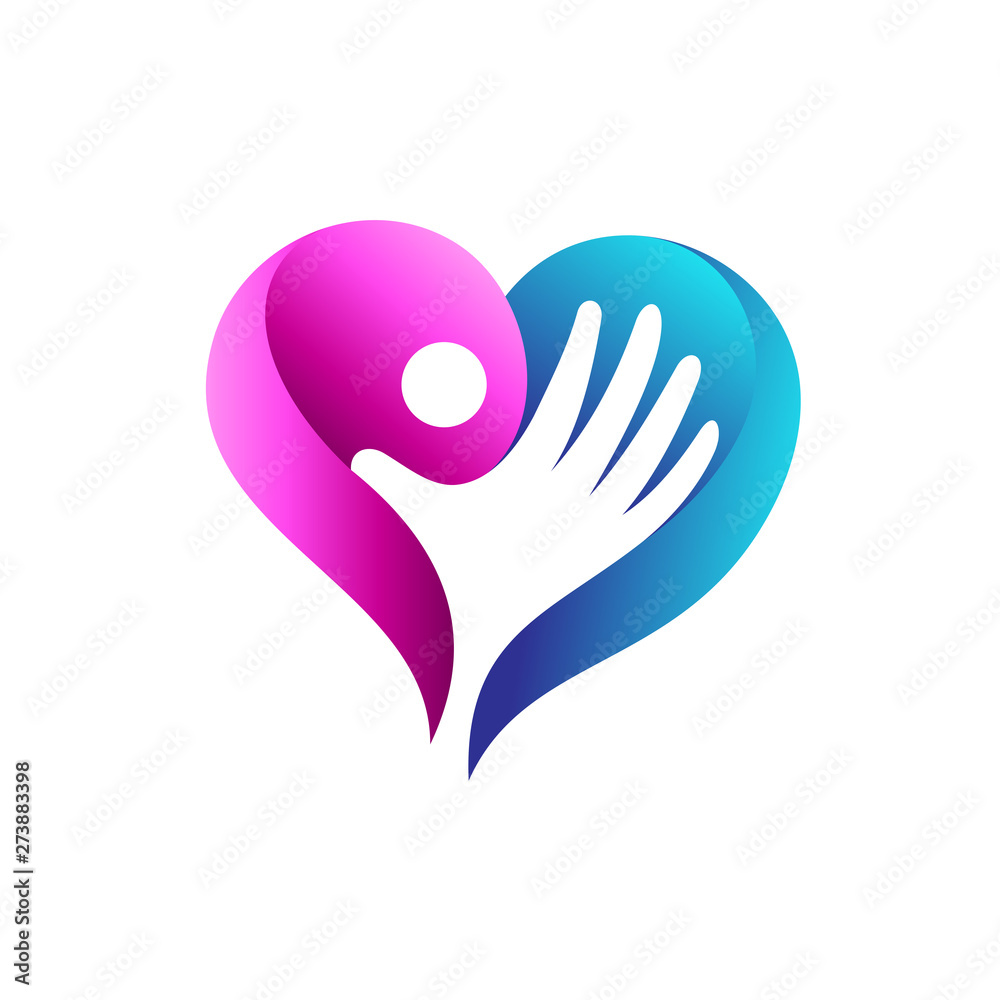 kids love and care logo. charity logo template. heart logo with hands and people inside kids love and care logo. charity logo template. heart logo with hands and people inside