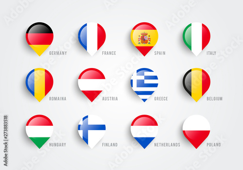 Vector illustration map pointers with flags of europe