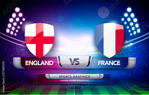 vector world championship football cup flag and stadium background. soccer scoreboard match vs strategy broadcast graphic template