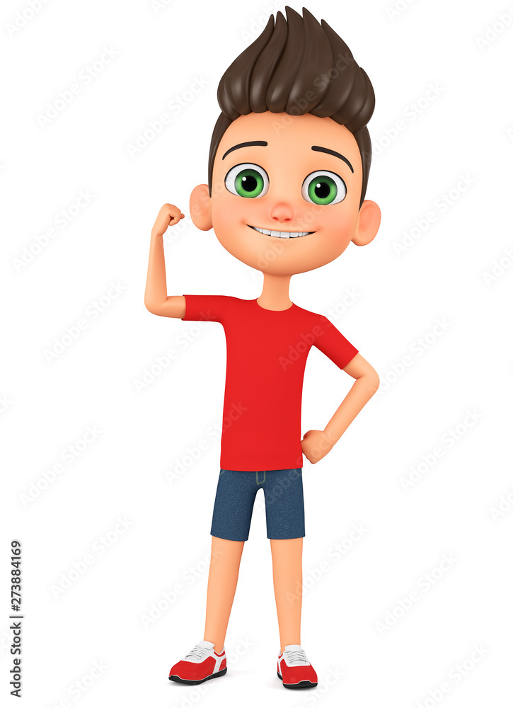 Cartoon character boy shows muscles on a white background. 3d rendering. Illustration for advertising.