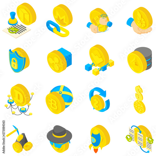 Cyber coin icons set. Isometric set of 16 cyber coin vector icons for web isolated on white background