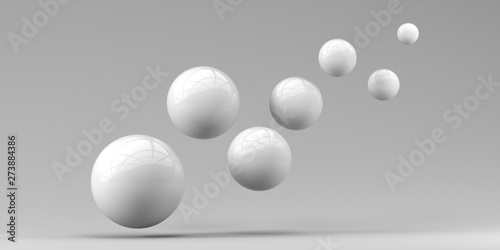 Flying spheres on a white background. 3d rendering. Illustration for advertising. © 3dddcharacter