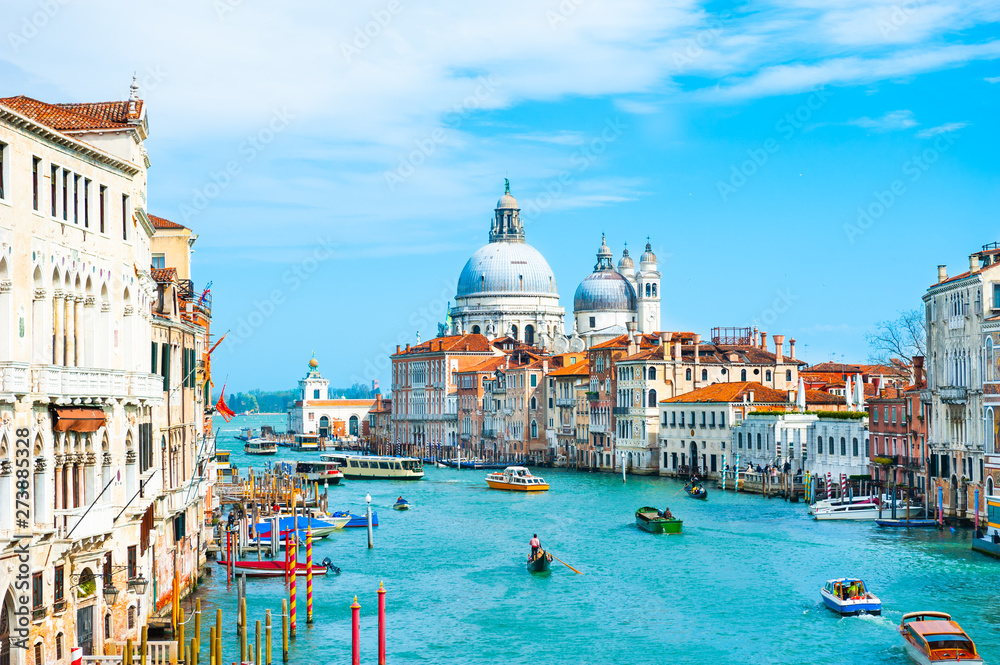 Grand Canal and Basilica Santa Maria della Salute in Venice, Italy. Famous tourist destination. Travel and vacation concept