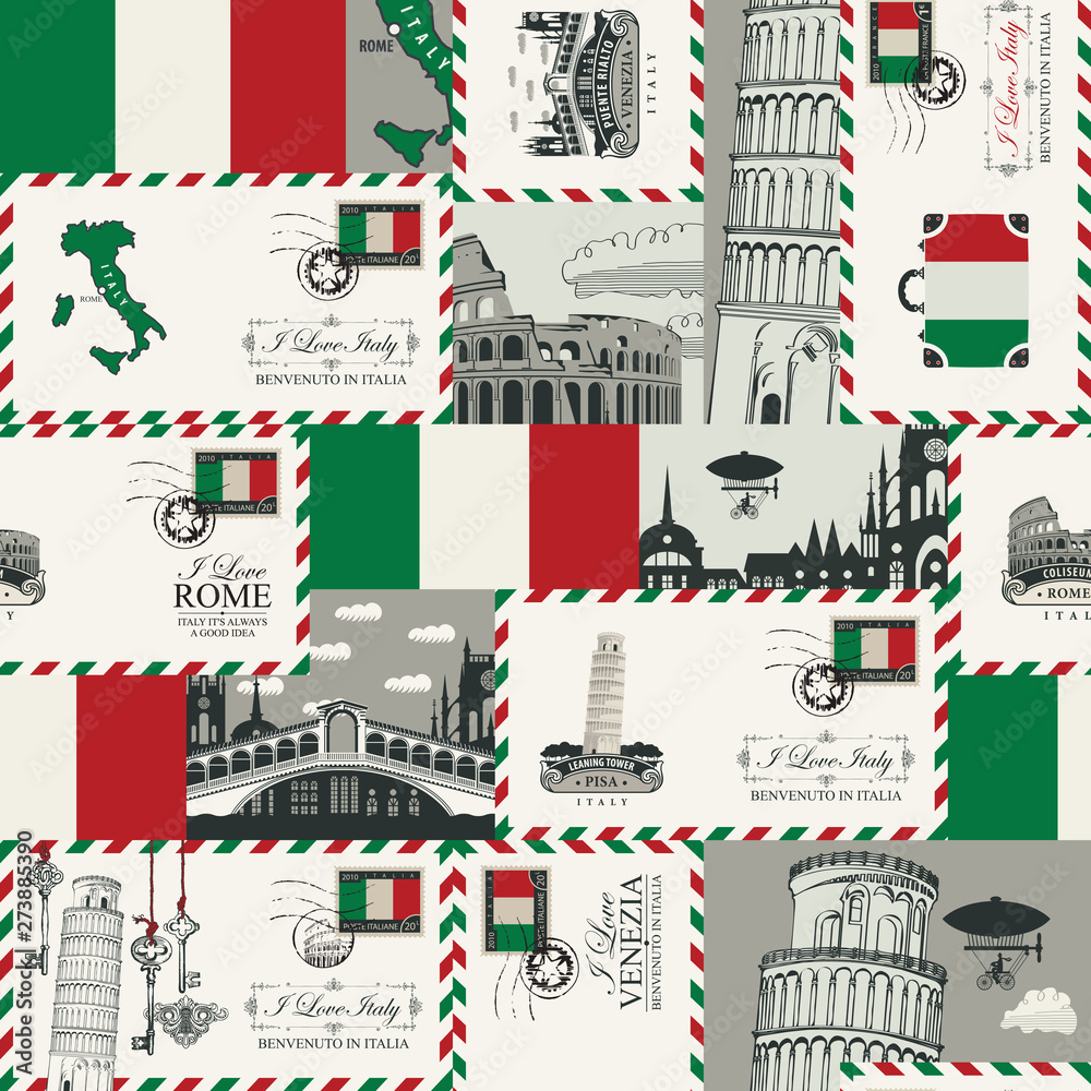 Vector seamless Background on Italy theme with envelopes, architectural landmarks and Italian flag in retro style. Can be used as wallpaper or wrapping paper
