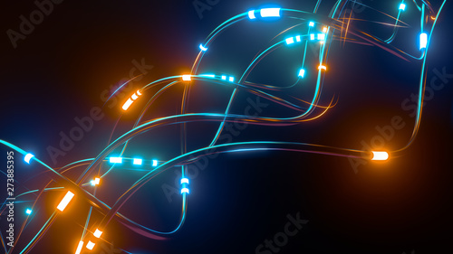 Digital wires with moving information impulse. Creative composition with cables transfering big data and neon light. Twisted lines in motion. Colorful vortex, abstract background. 3d rendering photo