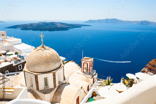 Santorini island, Greece. Old church and view of the sea and islands. Famous travel destination