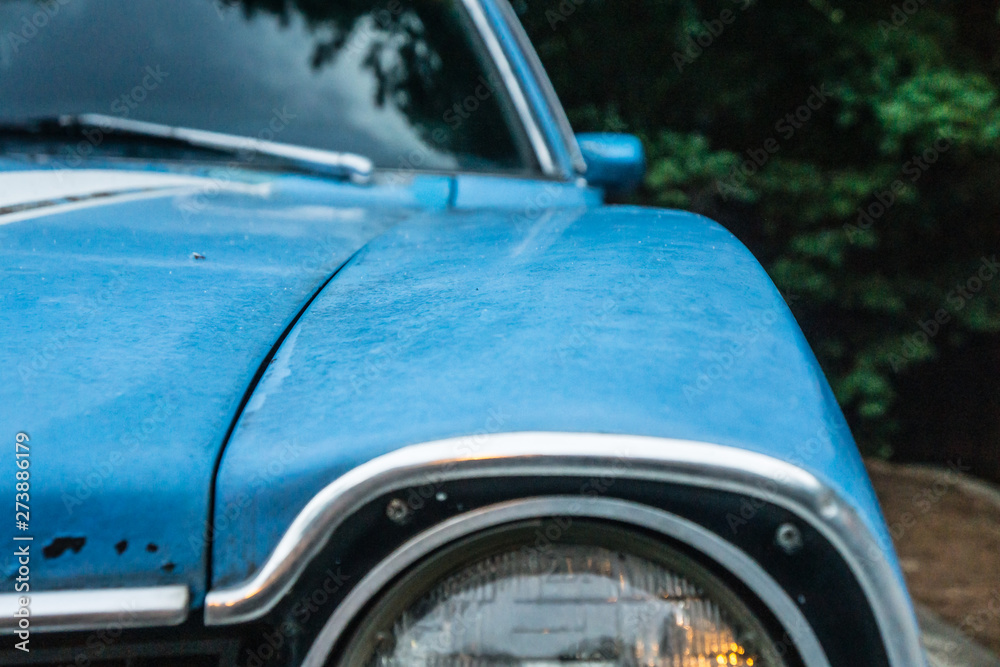 Obraz premium Close up of vintage blue car's old headlamp. Parked and surrounded by trees.