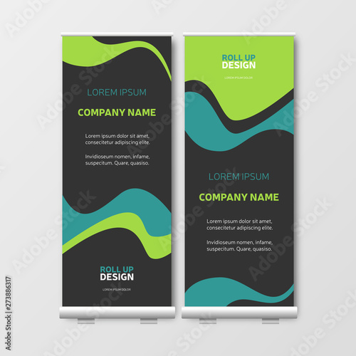Business Roll Up. Presentation template, green brochure or flyer, vertical banner design, cover geometric background, modern publication layout