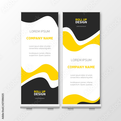 Business Roll Up. Presentation template, yellow brochure or flyer, vertical banner design, cover geometric background, modern publication layout
