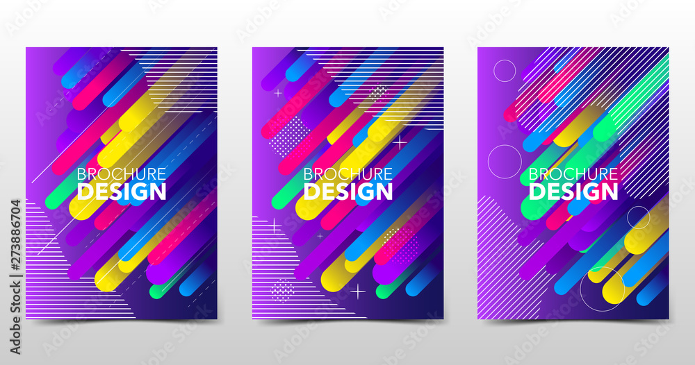 Set of modern colorful backgrounds with trendy gradients and patterns, colored minimalistic shape composition, brochure design with geometric shapes and lines. Vector, eps10