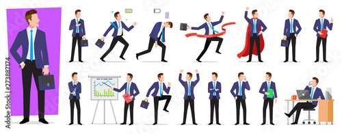 Set of character businessman employee with suitcase in different situations poses  vector