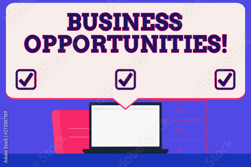 Text sign showing Business Opportunities. Business photo showcasing involves sale or lease of any product or equipment Blank Huge Speech Bubble Pointing to White Laptop Screen in Workspace Idea