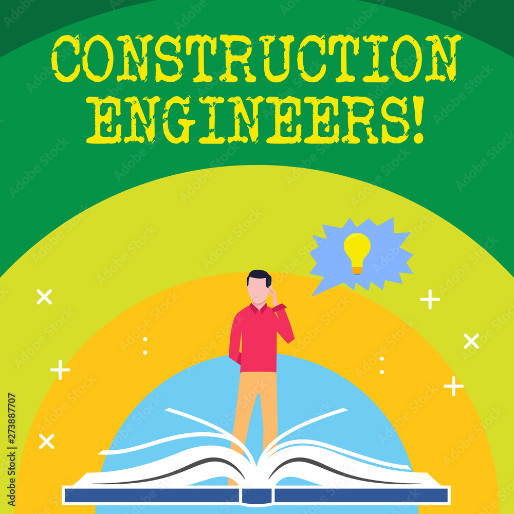 Handwriting text writing Construction Engineers. Conceptual photo discipline that deals with designing and planning Man Standing Behind Open Book, Hand on Head, Jagged Speech Bubble with Bulb Handwriting text writing Construction Engineers. Conceptual photo discipline that deals with designing and planning Man Standing Behind Open Book, Hand on Head, Jagged Speech Bubble with Bulb