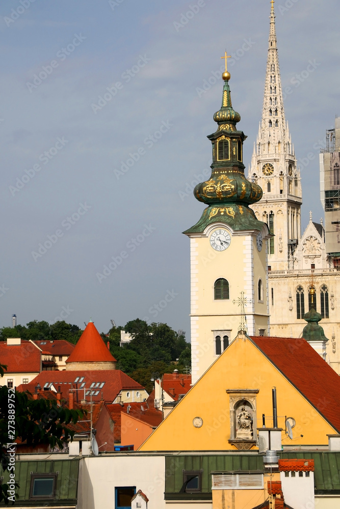 Panoramic view of Zagreb, Croatia with landmark Cathedral of the Assumption of the Blessed Virgin Mary and St. Mary Church. 