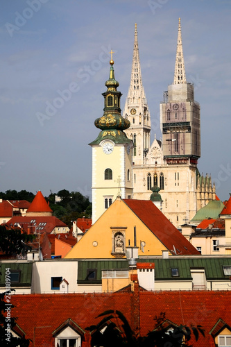 Panoramic view of Zagreb, Croatia with landmark Cathedral of the Assumption of the Blessed Virgin Mary and St. Mary Church.  © jelena990