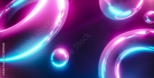 Neon background concept. Neon sphere with donuts. 3d rendering.
