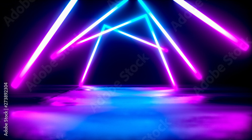 Futuristic Sci-Fi Abstract Blue And Purple Neon Light Shapes On Black Background And Reflective Concrete With Empty Space For Text 3D