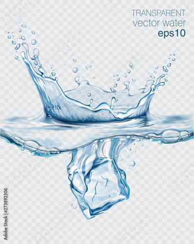 Transparent vector water splash and ice cubes on light background