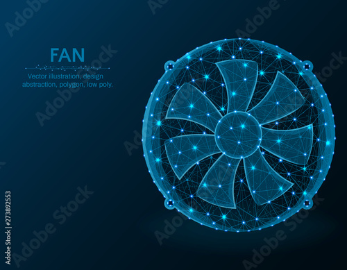 Fan low poly graphic model, polygonal electronic equipment, cooling system wire frame vector illustration on dark blue background