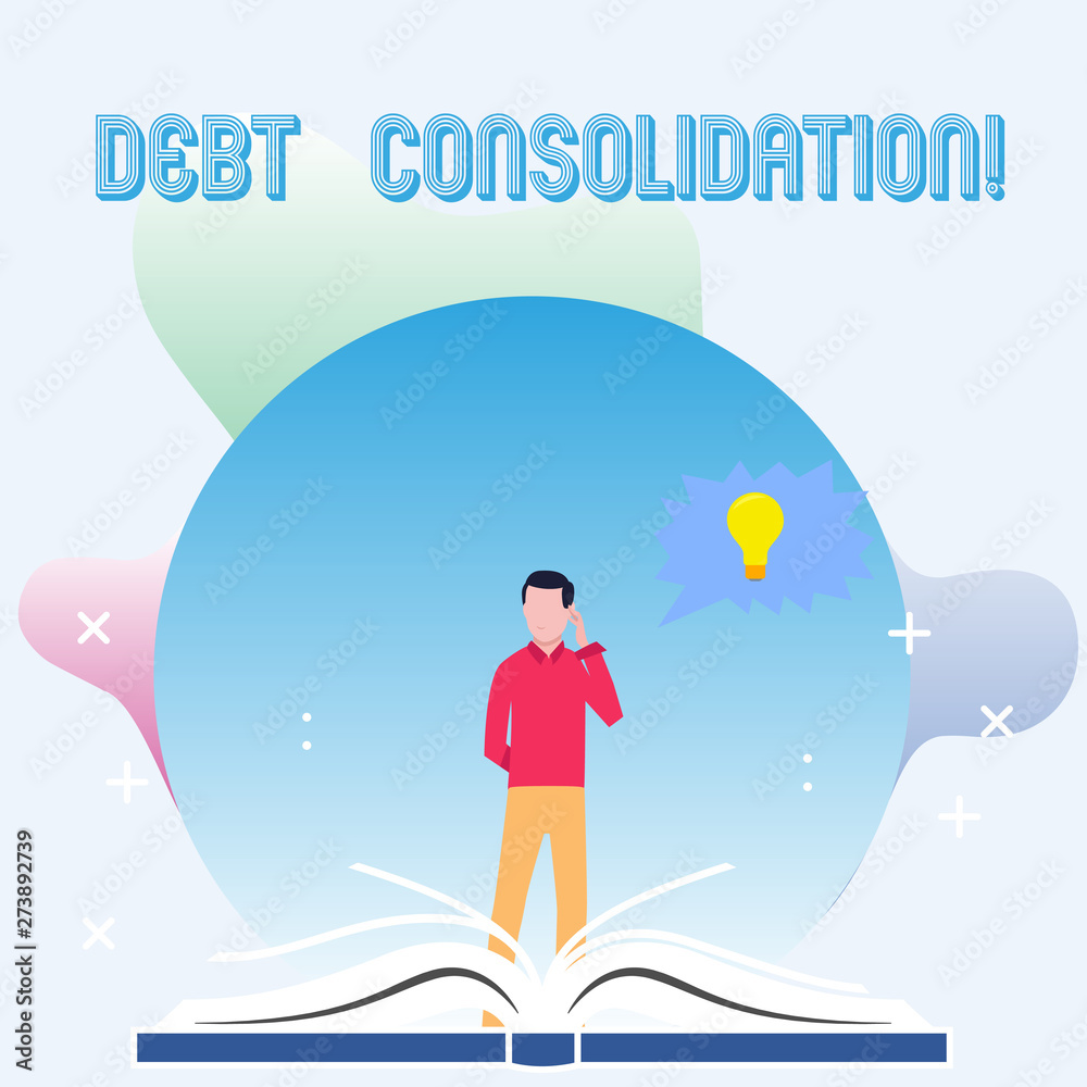 Text sign showing Debt Consolidation. Business photo showcasing entails taking out one loan pay off analysisy others Man Standing Behind Open Book, Hand on Head, Jagged Speech Bubble with Bulb