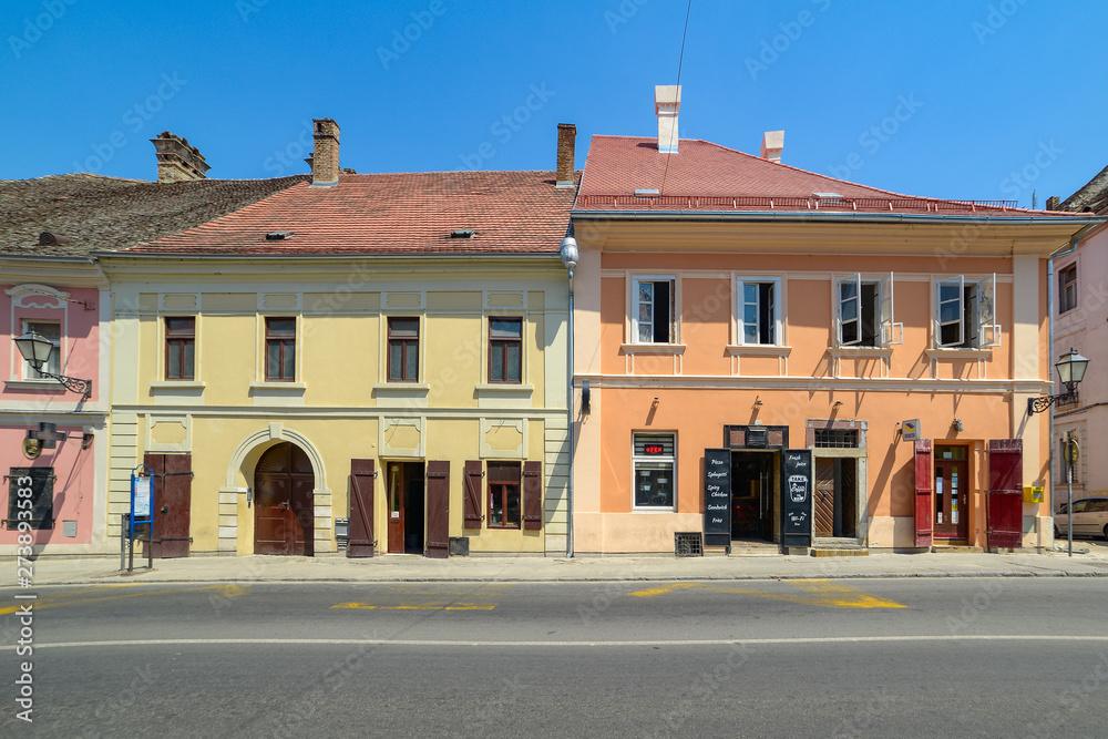 Novi Sad, Serbia June 13, 2019: Street in old part of Petrovaradin city, Serbia. Architectural details of old houses in Serbian city of Petrovaradin. 