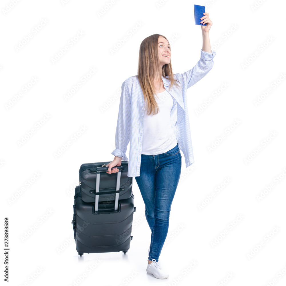 Woman with travel suitcase, passport goes walking smiling happiness on white background isolation Woman with travel suitcase, passport goes walking smiling happiness on white background isolation