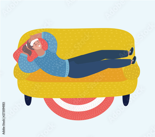 Young adult woman lying on sofa with sickness. Sick female resting or laid up on couch. Illness or desease vector illustration. Girl suffering headache at home in apartment