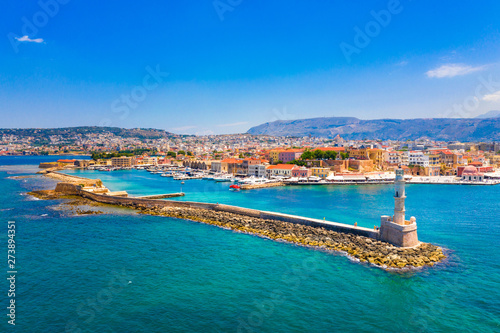 Konstfotografi Aerial view of the old harbor and the famous lighthouse of Chania, Crete, Greece