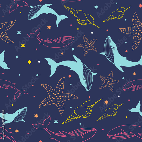 Seamless pattern with whales, dolphins, starfish, seashells and dots. Marine theme. Hand-drawn illustration.