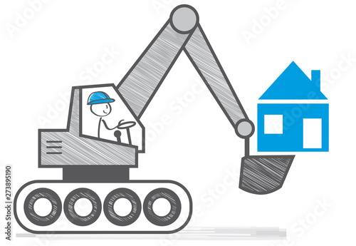 Tiny House - Bauarbeiter mit Bagger und winzigem Haus