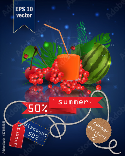 illustration of_28_glass with fruit and berry juice, standing on a mirrored surface among the leaves, with summer tags and discounts, EPS 10