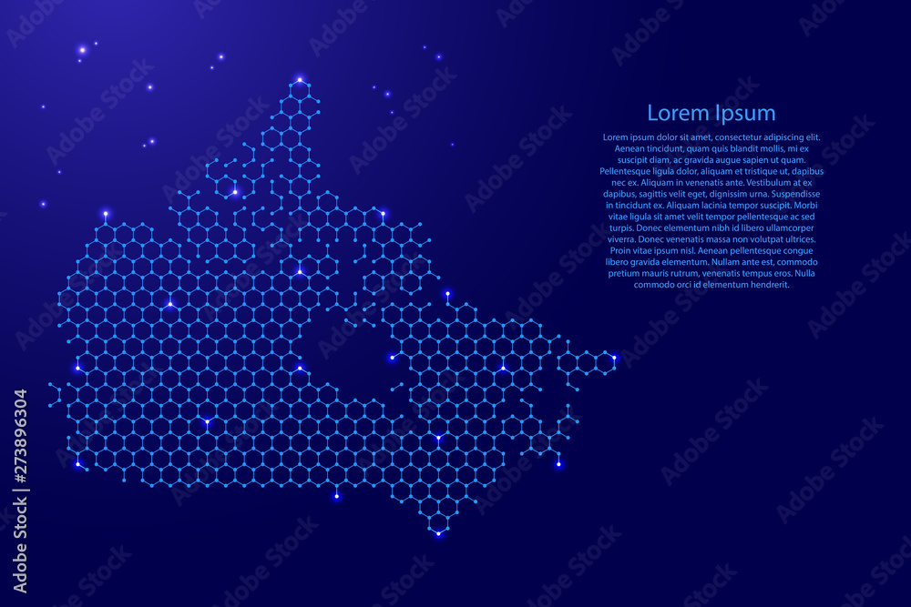 Canada map from futuristic hexagonal shapes, lines, points  blue and glowing stars in nodes, form of honeycomb or molecular structure for banner, poster, greeting card. Vector illustration.