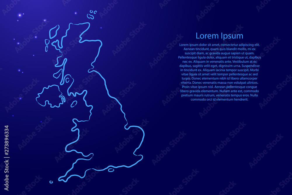 Great Britain map from the contour blue brush lines and glowing stars on dark background. Vector illustration. Great Britain map from the contour blue brush lines and glowing stars on dark background. Vector illustration.