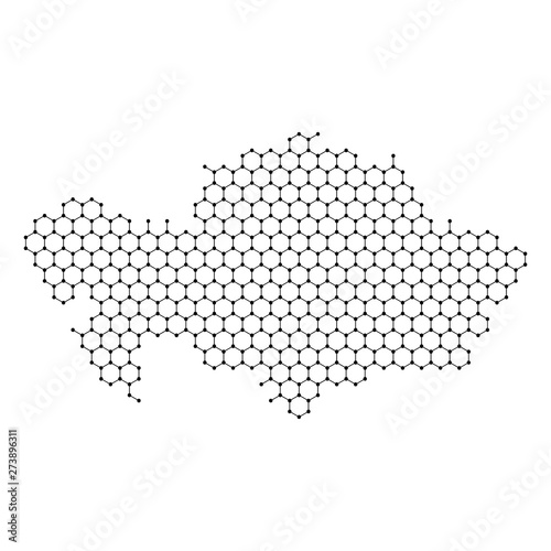 Kazakhstan map from abstract futuristic hexagonal shapes  lines  points black  in the form of honeycomb or molecular structure. Vector illustration.