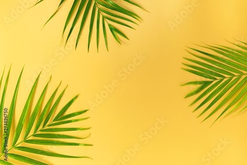 Fototapeta Naklejka Na Ścianę i Meble -  Green Palm leaves on yellow background. Summer concept. Flat lay, top view, copy space